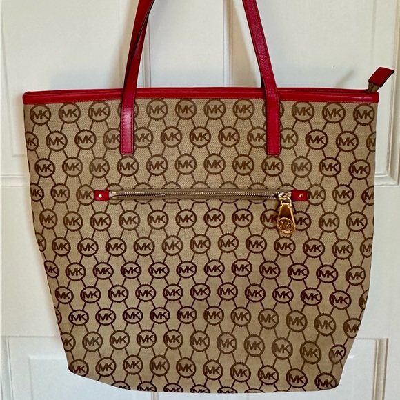 Michael Kors Red Handle Canvas Tote Bag Jet Set Messenger - Picture 1 of 8
